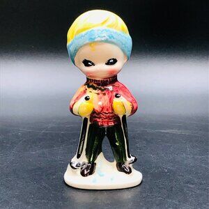 60s Enesco Skier Boy Figurine, THE JET SET series, Midcentury Kitsch Alien Kid